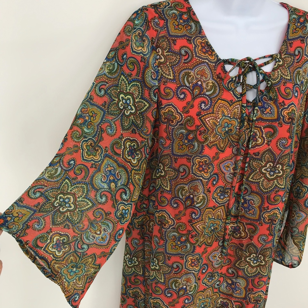 Espresso Coral and Blue Paisley Flare Sleeve Dress